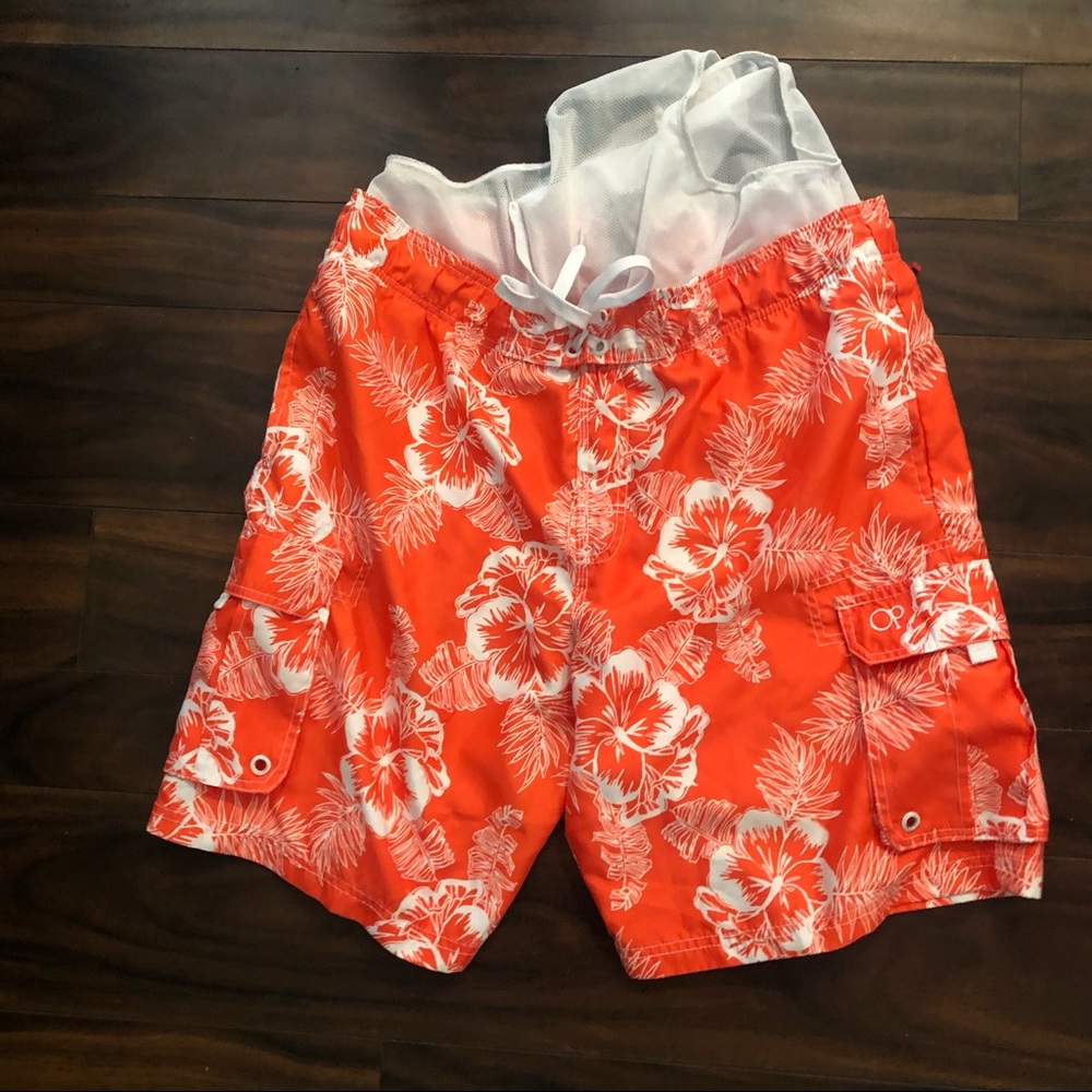 OP board shorts Swim Trunk Lined Orange Hawaiian Large 36-38 Pockets.